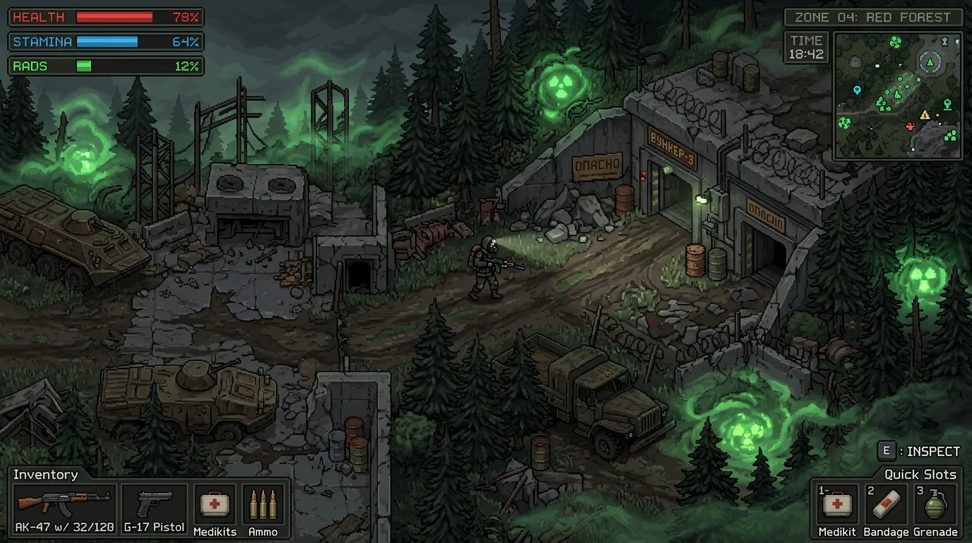 Side-by-side tactical comparison between Scavland and Zero Sievert top-down survival mechanics
