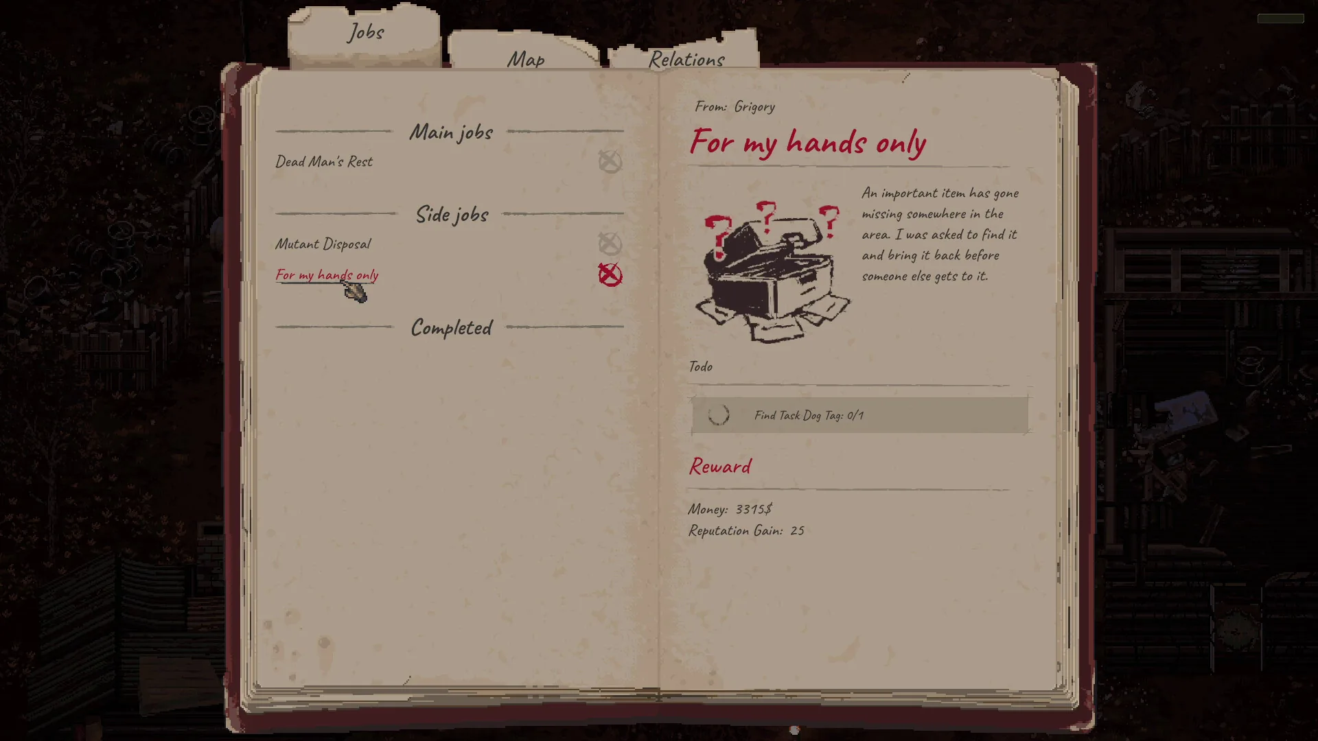Scavland in-game jobs journal showing Anatoly contract, reputation rewards, and faction relations